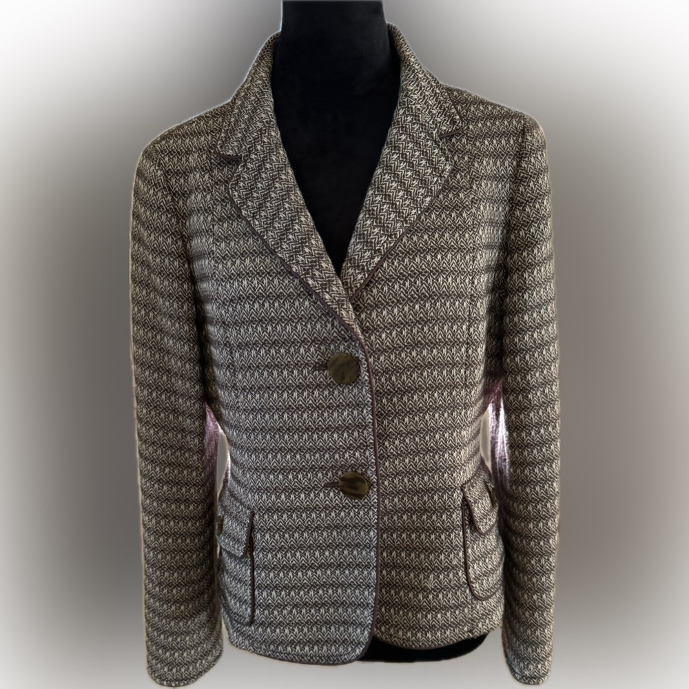 Talbots petite size women’s twill blazer jacket brown & beige 12P button front.